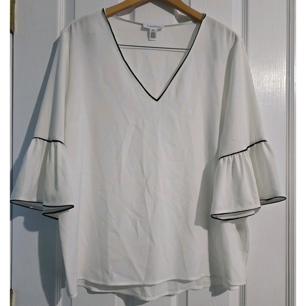 Calvin Klein Womens White Bell Sleeves V-neck Blouse Shirt Size XL